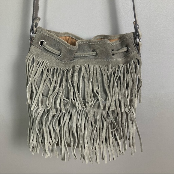 Patricia Nash Bronte Gray Suede Bohemian Drawstring Bucket Bag fringe - Picture 4 of 16